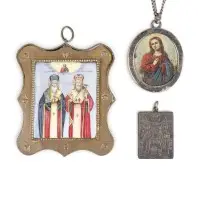 Finift avec deux évêques, pendentif avec saint Siméon de Verkhotourié et pendentif avec la Mère de Dieu