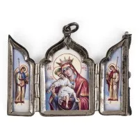 SEHR FEINES MINIATUR-TRIPTYCHON MIT DER GOTTESMUTTER 'WÜRDIG IST ES' (AXION ESTIN) MIT SILBER-MONTIERUNG