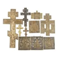 Collection de huit icônes en bronze : crucifix et Deesis