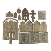 Collection de dix icônes en bronze : représentations du Christ et de la Mère de Dieu, saints choisis et fêtes