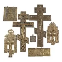Collection de sept icônes en bronze : crucifix et déisis