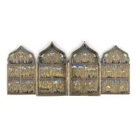 Gesigneerde bronzen tetraptiek met hoogfeesten van het orthodoxe kerkjaar