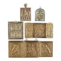 Collection de cinq icônes en bronze : Déisis, Christ Pantocrator et Christ de Smolensk