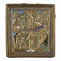 Icône en bronze avec résurrection et descente du Christ aux enfers