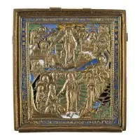 Icône en bronze avec résurrection et descente du Christ aux enfers