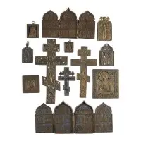 Collection de douze icônes en bronze : crucifix, fêtes et saints choisis