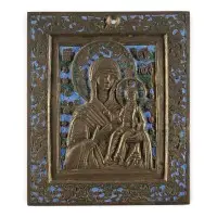 Icône en bronze signée avec la Mère de Dieu de Smolensk