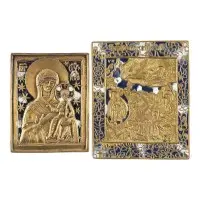 Deux icônes en bronze : Mère de Dieu de Smolensk et prophète Élie avec son ascension en char de feu
