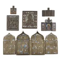 Collection de six icônes en bronze : Déisis, représentations de la Mère de Dieu et fêtes