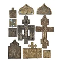 Collection de dix icônes en bronze : crucifix, Mère de Dieu « Joie de tous les affligés », saints choisis et fêtes
