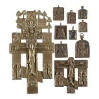 Collection de dix icônes : crucifix, représentations du Christ et de la Mère de Dieu et saints choisis