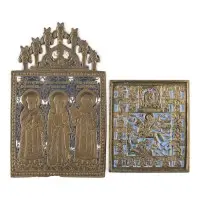 Icône en bronze signée avec saint Démétrius et icône en bronze avec trois hiérarques
