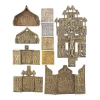 Collection de dix icônes en bronze : crucifix, saints choisis et fêtes