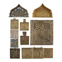 Collection de dix icônes en bronze : Mère de Dieu de Smolensk, saints choisis et fêtes
