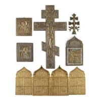 Collection de six icônes en bronze : crucifix, fêtes et saints choisis