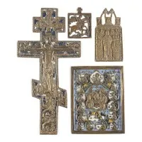 Collectie van vier bronzen iconen: crucifix, oudtestamentische Drie-eenheid en geselecteerde heiligen