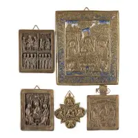 Collection de cinq icônes en bronze : Sainte Trinité de l'Ancien Testament et saints choisis