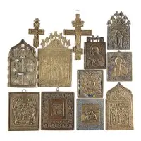Collection de douze icônes en bronze : représentations du Christ et de la Mère de Dieu, saints choisis et fêtes