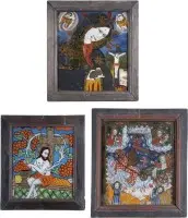 Trois icônes sur verre : le Christ Vigne, la Vierge des Douleurs et le prophète Élie