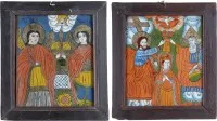Twee iconen achter glas: Kroning van de Moeder Gods, aartsengelen Michaël en Gabriël