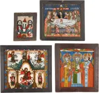 Quatre icônes sur verre : Lamentation du Christ et saints choisis