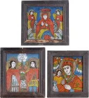 Trois icônes sur verre : Vierge à l'Enfant, sainte Parascève et archanges Michel et Gabriel