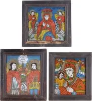 Trois icônes sur verre : Vierge à l'Enfant, sainte Parascève et archanges Michel et Gabriel