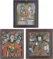 Trois icônes sur verre : icône datée de sainte Parascève, icônes de saint Nicolas et de saint Basile