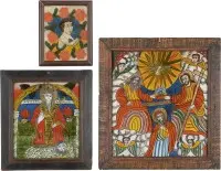 Trois icônes sur verre : couronnement de la Mère de Dieu, saint Charalampos et l'Enfant Christ