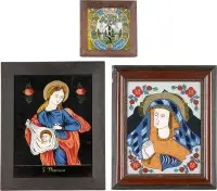 Trois icônes sur verre : Mère de Dieu, sainte Véronique, Adam et Ève