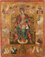 GROSSE UND FEINE IKONE MIT DER THRONENDEN GOTTESMUTTER UND ZEHN PROPHETEN DES ALTEN TESTAMENTS