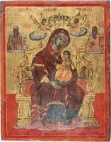 Fine icône de la Mère de Dieu trônante flanquée des saints Athanase et Charalampos