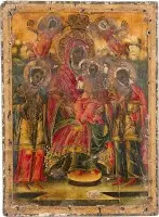 Grande icône datée de la Mère de Dieu trônante flanquée des saints Démétrios et Pantéléimon