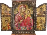 Fin triptyque de la Mère de Dieu Hodigitria flanquée des saints Nicolas de Myre, Spyridon, Georges et Démétrios