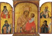 Triptyque avec la Mère de Dieu Panagia flanquée de quatre saints, en dessous les saints Spyridon de Corfou et Gérasime