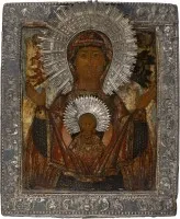 FEINE IKONE MIT DER GOTTESMUTTER DES ZEICHENS (ZNAMENIE) MIT SILBER-BASMA