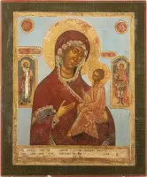 Grande icône de la Mère de Dieu de Tikhvine (Tikhvinskaïa) avec saint Nicolas de Myre et saint Georges