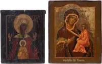 Deux icônes avec images miraculeuses de la Mère de Dieu, dont une icône datée de la Mère de Dieu de Tikhvine (Tikhvinskaïa)