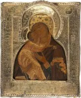 FEINE IKONE MIT DER GOTTESMUTTER VON WLADIMIR (WLADIMIRSKAJA) MIT VERMEIL-RIZA