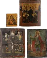 Quatre icônes : icône miniature de la Mère de Dieu de Vladimir, Mère de Dieu « Joie de tous les affligés », icône à quatre champs et saint Démétrius