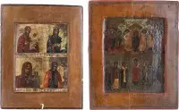 DEUX PETITES ICÔNES : MÈRE DE DIEU POKROV ET ICÔNE À QUATRE CHAMPS AVEC IMAGES MIRACULEUSES DE LA MÈRE DE DIEU
