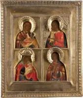 Icône à quatre champs avec quatre images miraculeuses de la Mère de Dieu avec riza