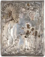 KLEINE IKONE MIT DER GOTTESMUTTER BOGOLUBSKAJA MIT SILBER-OKLAD