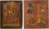 Twee grote iconen: Moeder Gods 'Vreugde van alle bedroefden' en viervelden-icoon