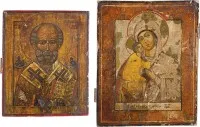 Twee iconen: heilige Nicolaas van Myra en Moeder Gods Feodorovskaja