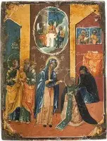 Icoon van de verschijning van de Moeder Gods aan de heilige Sergius van Radonezj