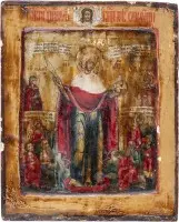 Icoon van de Moeder Gods 'Vreugde van alle bedroefden' geflankeerd door de heiligen Eudokia en Catharina