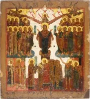 Grootformaat en fijn icoon van het Beschermkleed van de Moeder Gods (Pokrov)
