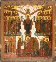 Grootformaat en fijn icoon van het Beschermkleed van de Moeder Gods (Pokrov)
