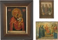 Tři ikony: ikona Matky Boží Černigovské (Černigovskaja), svatí Samon, Gurij a Aviv a Zesnutí